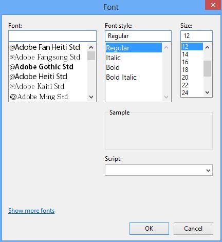 Font: In this dialog box, select the font style and also use Other Shapes>>Text define the text s parameters.