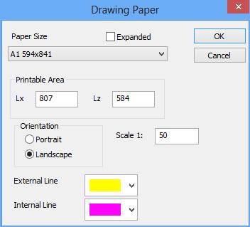 Drawing Paper: In this dialog box, the parameters of the Drawing Paper are defined. a. Paper Size: Click the down arrow to select a standard paper size, or User.