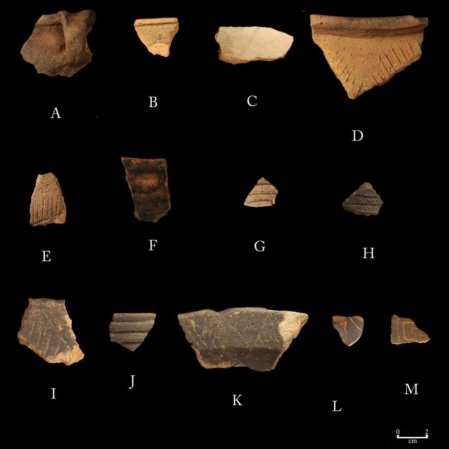 Figure 18. Unit A pottery. (a-b) Mississippi Plain, a is jar rim with noded handle, b has everted lip; (c) Bell Plain, negative painted, black on white; (d and e) Moundville Incised, var.