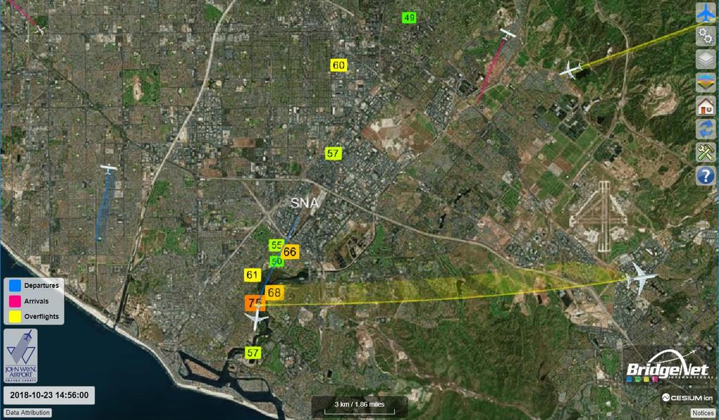 1.3 Map Display After clicking on the website, the user will be immediately directed to the webpage with near real-time flight operations surrounding John Wayne Airport.