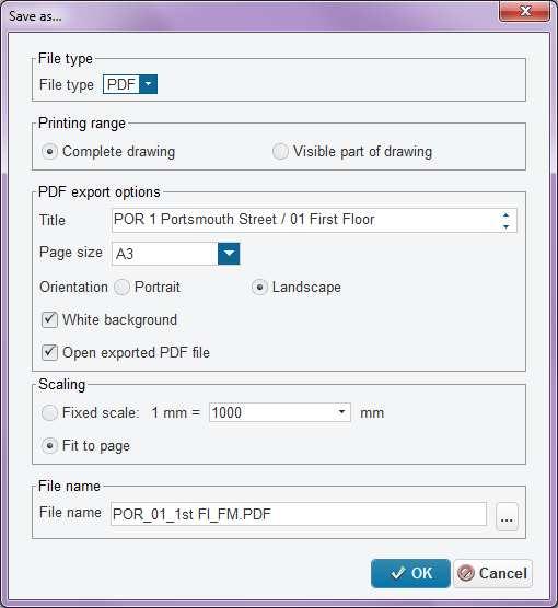 Saving as PDF To obtain better quality images, the best practice is to save as PDF first. To do so, select Save as, under the CAD Integrator menu, and change to settings as below.