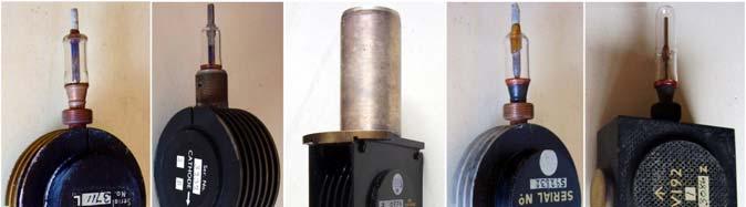 Fig. 6.3.6A - Wartime pulsed magnetrons. A) The Raytheon family 2J22 to 2J29 was derived from the original British design, rotating by 90º the coaxial output.