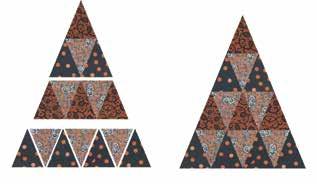 2. Lay out (6) Fabric D, (4) Fabric E and (6) Fabric F triangles (Fig. 3). Sew the triangles together into horizontal rows and then sew the rows together to complete (1) triangle section.