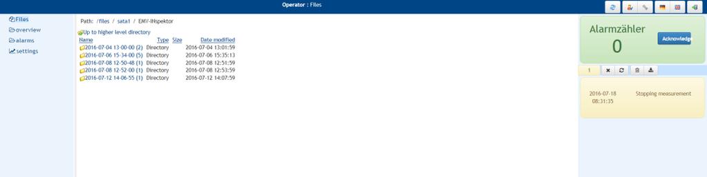 Step 6: After your automatic registration as an Operator user, the following options for operation are made available on the left screen edge: Files, Overview, Alarms & Settings.