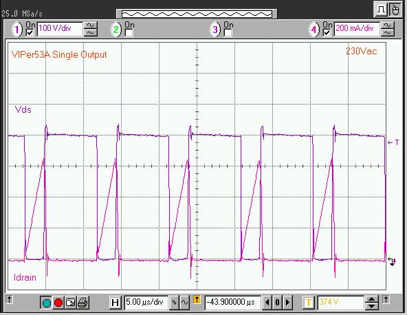 Waveforms 7 Waveforms Figure 9 displays the drain current and V DS at 230 Vac full load. The converter works in discontinuous mode as shown by the waveforms. Figure 9. V DS and drain current 8 Blue Angel The reference board consumes less than 1 W total when it works in standby burst mode at the input voltage of 120 Vac.