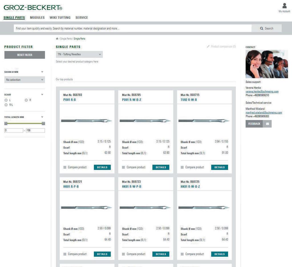 Online product catalog Tufting Whether individual parts or modules with the online product catalog, Groz-Beckert offers its tufting customers an interactive system that sets new standards in the