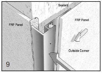 3.- Application at Inside Corners Apply a continuous bead of silicone sealant in the corner and in the Inside Corner Trim Molding channel.