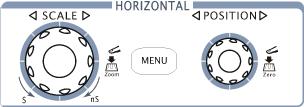 To Understand the Horizontal System Figure1-9 shows the HORIZONTAL controls: MENU button, and knobs of horizontal system. Following the exercise to familiarize with the buttons, knobs, and status bar.