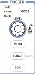 To Understand the Trigger System Figure 1-10 shows the TRIGGER control: MODE, MENU, FORCE, 50% and a knob. Following the exercises to familiarize with the buttons, trigger level knob and status bar.