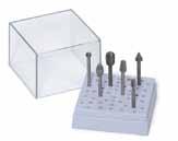 Organizes up to 112 accessories. Stores: 92 1/8 shan & 13 1/4 shan burs. Has 7 mared holes for drill bits 1/16 to 5/32. 3 deep x 2-3/4 dia. center cup holds small tools such as files and screwdrivers.