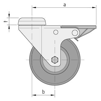 Radius of swivel (a) Offset (b) Thickness (t) Castor D65 swivel 57.0 mm 20.0 mm - Castor D65 swivel with brake 68.0 mm 20.0 mm - Castor D75 PA swivel 70.0 mm 23.