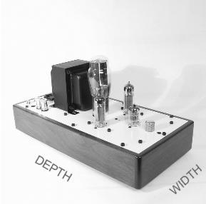 DIMENSIONS The SE84ZS amplifier is 7.25 inches wide by 14.75 inches deep with a height of 6.5 inches. With the jacks vertically mounted at the rear of the amplifier, it is possible to push the amp all the way to the rear of a shelf.