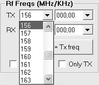 HP106/HP406 Programmer software guide 2) Go to the Rf Freqs (MHz/KHz) dialog box and select the TX frequency in MHz in the upper box TX by clicking its left drag down button, then click the hundreds