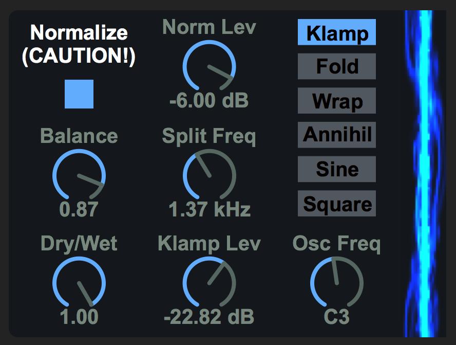 Amazing Noises Dirty Tricks Reference Manual 7 Klamper Clamps the signal with a few special features. Normalize: the klamped signal can be normalized, i.e. raised to the level specified by the Norm Level parameter to the right.