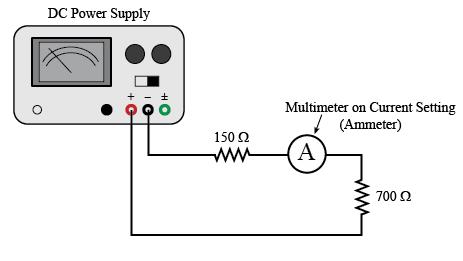 6 With the power supply voltage set to zero, connect the multimeter in series with the resistors as shown in Figure 8. You will now measure the current between various junctions.