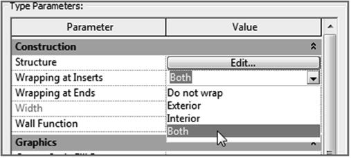 Select the exterior wall. 2. In the Properties dialog, click the Edit Type button, as shown here: 3. In the drop-down menu that specifies Wrapping At Inserts, select Both. 4. Click O K.