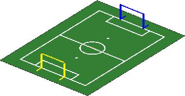 The dimensions of the field are the same as those used of the RoboCup pitches (6x4m), with the goal posts, central circle, penalty boxes, and penalty kick cross spots similarly scaled (see [10] for a