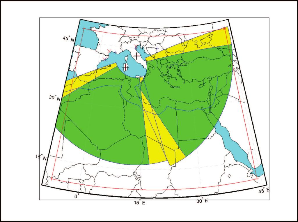 The antenna Array Figure B.1. Surveillance area in the hypothesis of two OTHR-SW systems placed in Sardinia and in the center of Italy, both with 90 azimuthal amplitude and a range of 600 to 3000 km.