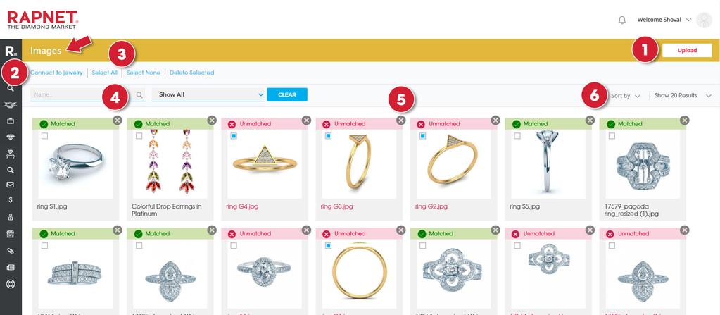 MANAGING YOUR JEWELRY MEDIA on the Jewelry Media Management page This page allows you to manage all your uploaded media images.