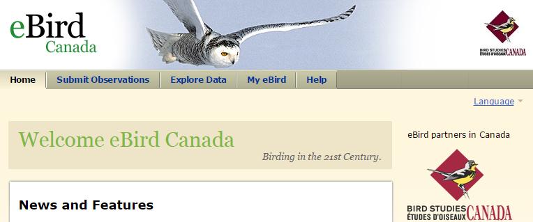 Figure 1: The ebird Canada homepage The ebird Canada homepage (Figure 1) has regular news features that are specific to Canada and cover a range of topics from new ebird features, helpful hints, and