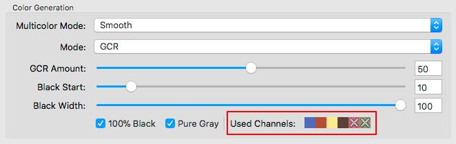 Pure Gray: Enabling this checkbox in a CMYK printer profile results in a gray balance which is composed of black ink only.