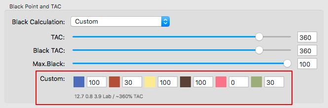 Black Point and TAC Under Black Point and TAC the overall Total Area Coverage (TAC) and the TAC for the black point (Black TAC) can be defined.