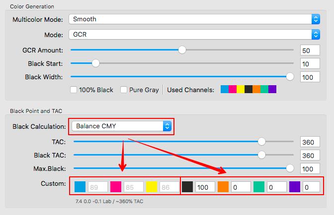 Balance CMY: This setting adapts the CMY values to a pre-defined Max.Black value and generates a neutral black point. Define the Black TAC and TAC in accordance with the printing conditions. Max.Black should be set to the ideal value for the selected substrate.
