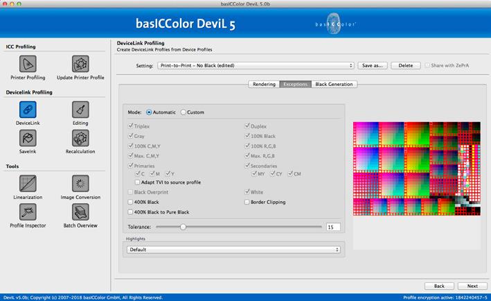 6.1.2. Tab Exceptions Exceptions are used to allow targeted color conversion of special colors. If the source and target colors are the same, the colors are linearized.