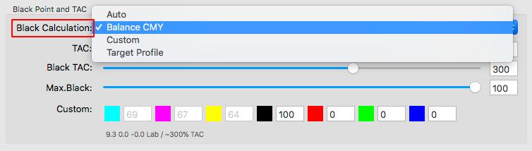 Black Point and TAC In the panel Black Point and TAC you can define the overall Total Area Coverage (TAC) and the TAC for the black point (Black TAC).