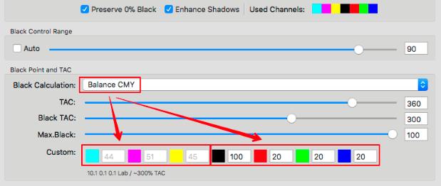 Balance CMY: This setting adapts the CMY values to a pre-defined Max.Black value and generates a neutral black point. Define the Black TAC and TAC in accordance with the printing conditions. The Max.