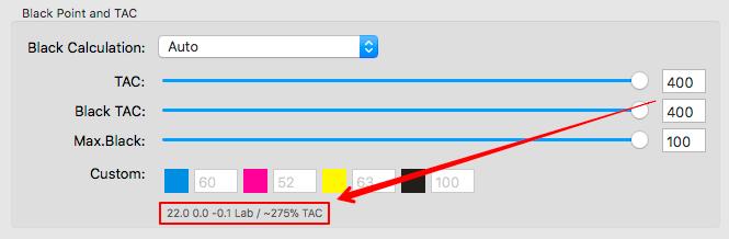 Target Profile: Calculates a black point based on the values of the target profile. The values for the calculation will be displayed and all sliders will be grayed out.