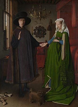 (left), depicted kneeling on the lowest corners of the exterior, who employed the van Eyck brothers to immortalize them in this very public work of art.