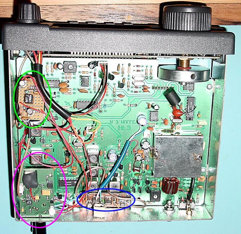 After: Modified AKD Target Communications receiver. Purple 455kHz to 12kHz downconverter board. Green additional 455kHz IF stages with wider (+/- 7.5kHz) ceramic filter.