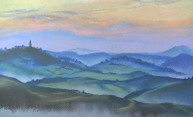 With the hills in the foreground, the dark warm gray will dominate the color temperature. Blue is still used, but the gray takes precedence. Yellow ochre is again mixed with the blue to create greens.