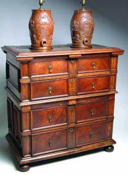 EUROPEAN WALNUT AND OAK RAISED PANEL MARQUETRY INLAID FOUR DRAWER COMMODE, circa