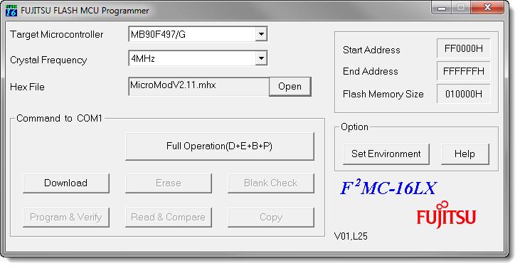 . Under Windows, start the FUJITSU FLASH MCU Programmer (FMCLX).. Select Set Environment in order to check that the indicated serial port is corresponding to the actually used one. Confirm with OK.