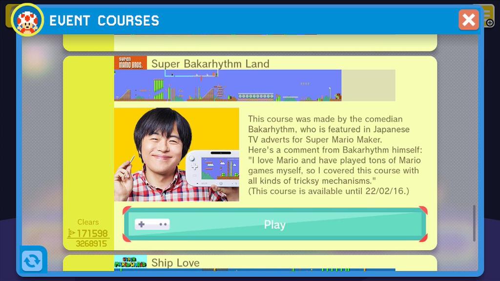 Super Bakarhythm Land 05/11/15 This course was made by the comedian Bakarythm, who is featured in the Japanese TV commercials of Super Mario Maker.