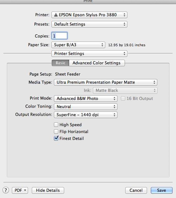 In the drop down menu choose Printer Settings. Under Media Type: choose paper type you are using Ink: tells you which black ink is currently set (Matte or Photo).