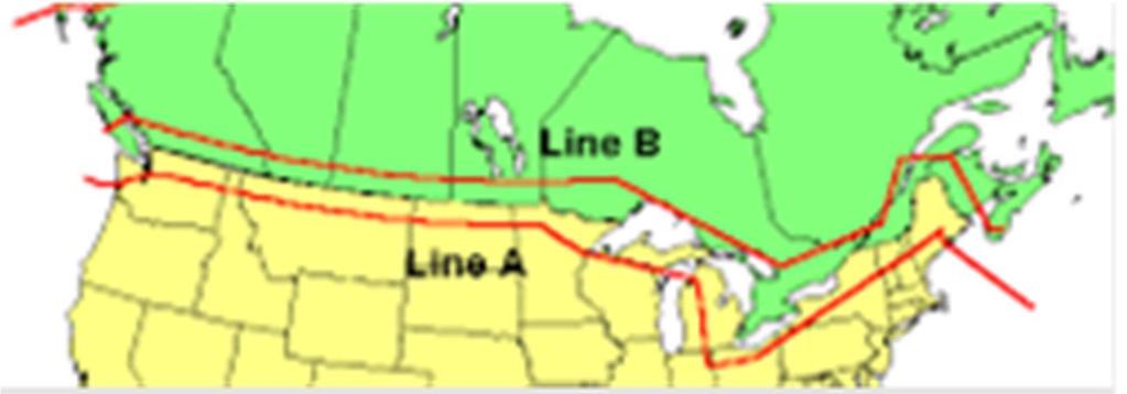 E1F04 (A) [97.3] Which of the following geographic descriptions approximately describes "Line A"? A line roughly parallel to and south of the U.