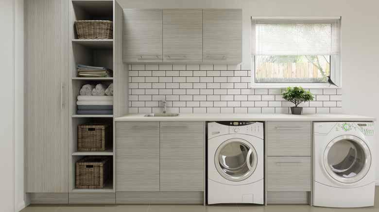 Right on trend. This is yet another combination of the modular laundry system Timberline has to offer. The open shelving is a nice touch and great for storage.