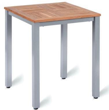 These stylish tables are made from a slatted wooden Teak top and a grey aluminium frame.