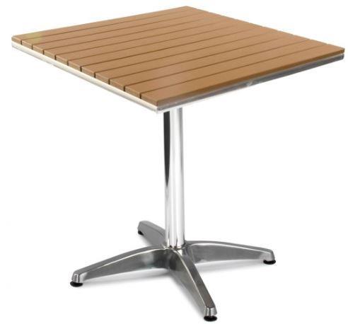 The square tables to the side are made from a strong aluminium base with a range of material tops Slatted solid polished