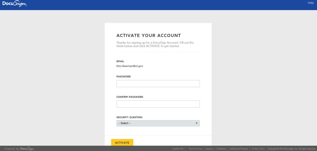 Enter PASSWORD, CONFIRM PASSWORD, and SECURITY QUESTION and click ACTIVATE.