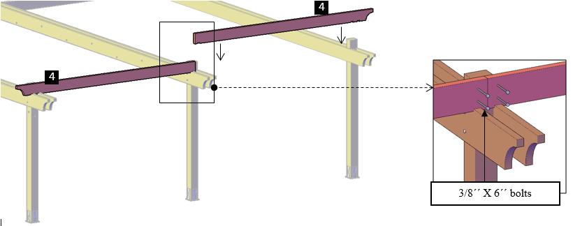 Step 4: Attach the single supports (2) to the supports with in-between blocking (3), use 3/8 X 7 bolts (A).