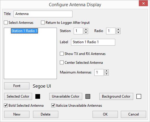 5.3. Antenna Display This is the dialog used to configure an antenna display: Set the Title text to the text you want to be shown it the title of the Antenna Display window.