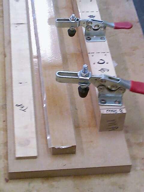 Step #11: Make two gluing jigs for the blocks. Use the following procedure to make two clamping jigs to aid in the gluing of the laminated strips for each of the A and B rows.