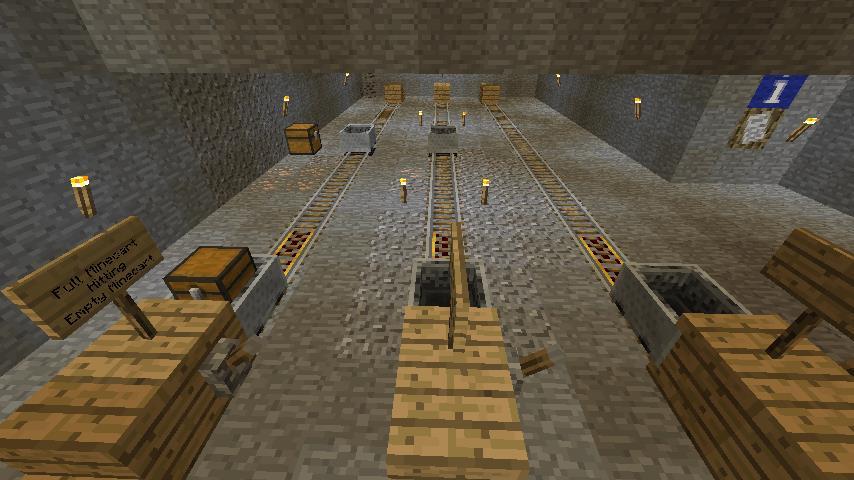 Transfer of Momentum Track The third and final example area consists of three straight lines of track that, like before, you can launch minecarts down by pulling a lever.