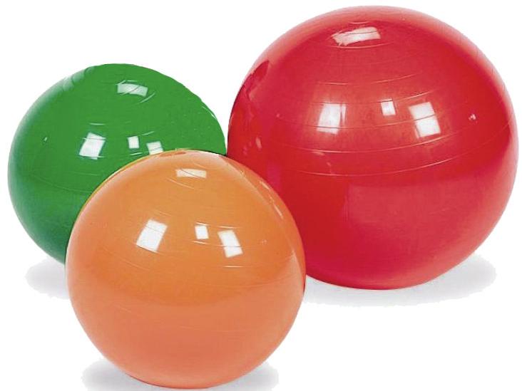 B-3. The 3D graphic on the right shows three stability balls. The red and green balls are in contact and the red and orange balls are in contact. All three balls rest on the horizontal plane. Fig.