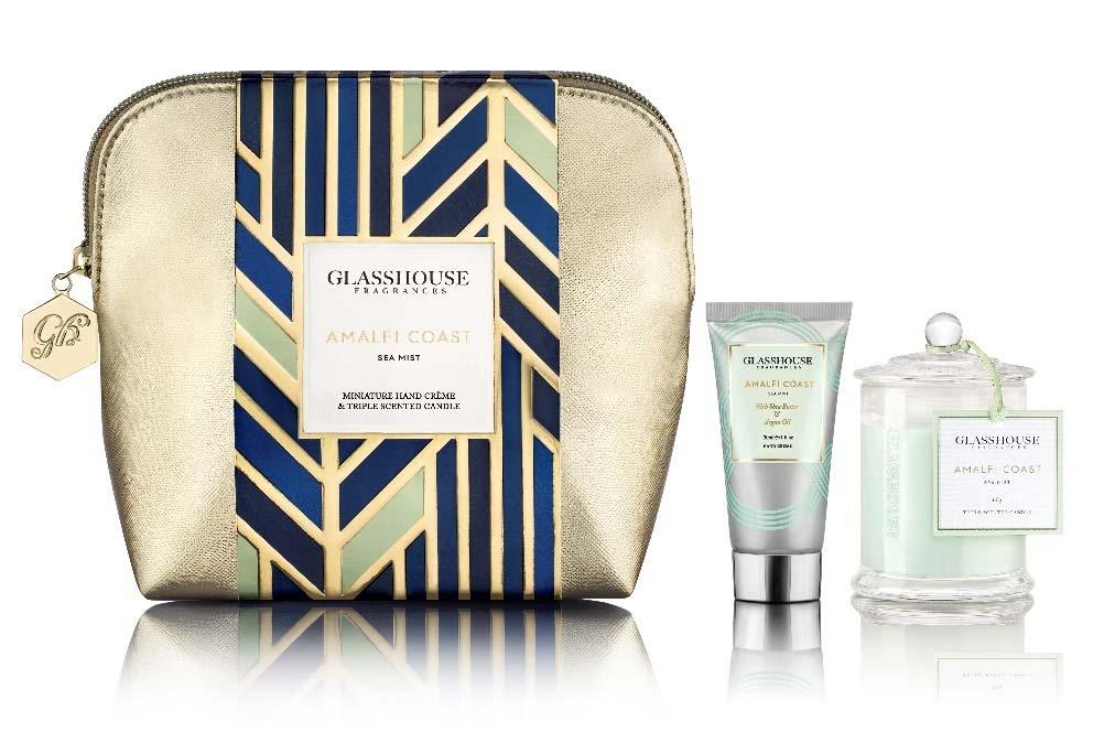 TRAVEL ESSENTIALS AMALFI COAST 60G CANDLE & 30ML HAND CREME IDEA Enjoy this luxurious cosmetic bag containing a travel size Hand Crème and Miniature Triple Scented Candle in the popular Amalfi Coast