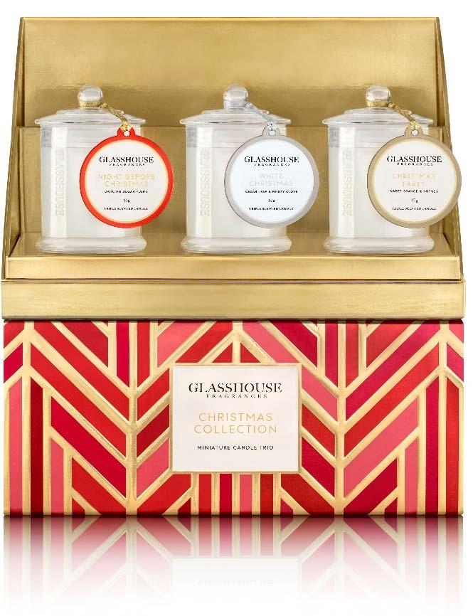 MINI CANDLE TRIO IDEA Experience the magical scents of Christmas with the Glasshouse Fragrances Miniature Candle Trio that will take you on an enchanted journey.